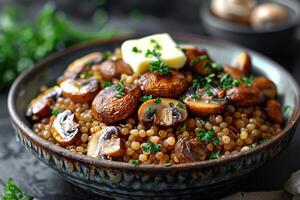 A bowl of buckwheat kasha with roasted mushrooms, garnished with fresh parsley and a pat of butter. photo