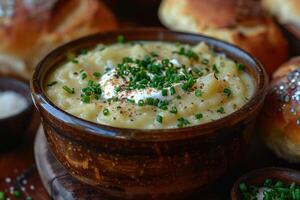 A bowl of creamy leek and potato soup, garnished with chives and a swirl of cream, served with a crusty bread roll. photo