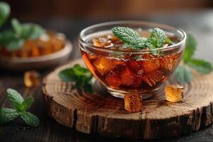 A bowl of kvass, a traditional Russian fermented beverage, served in a glass with a sprig of mint. photo
