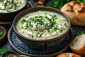 A bowl of creamy leek and potato soup, garnished with chives and a swirl of cream, served with a crusty bread roll. photo