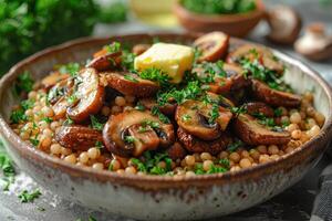 A bowl of buckwheat kasha with roasted mushrooms, garnished with fresh parsley and a pat of butter. photo