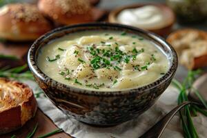 A bowl of creamy leek and potato soup, garnished with chives and a swirl of cream, served with a crusty bread roll. photo