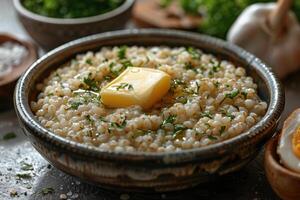 A bowl of kasha, a traditional buckwheat porridge, garnished with a pat of butter and a sprinkle of salt. photo