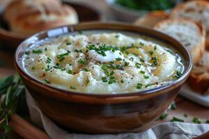 A bowl of creamy leek and potato soup, garnished with chives and a swirl of cream, served with a crusty bread roll. photo