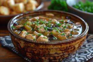 A bowl of cock-a-leekie soup, featuring chicken, leeks, and prunes, garnished with parsley. photo
