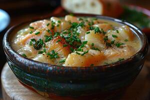 A bowl of Cullen skink, a Scottish smoked haddock soup, garnished with chopped chives. photo