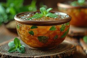 A bowl of kvass, a traditional Russian fermented beverage, served in a glass with a sprig of mint. photo