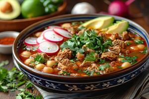 A bowl of pozole rojo, with tender pork, hominy, and a rich red chili broth, garnished with shredded cabbage, radishes, avocado slices, and lime wedges. photo