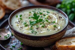 A bowl of creamy leek and potato soup, garnished with chives and a swirl of cream, served with a crusty bread roll. photo