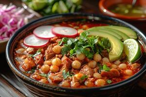 A bowl of pozole rojo, with tender pork, hominy, and a rich red chili broth, garnished with shredded cabbage, radishes, avocado slices, and lime wedges. photo