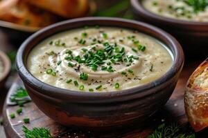 A bowl of creamy leek and potato soup, garnished with chives and a swirl of cream, served with a crusty bread roll. photo