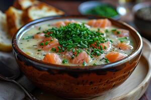 A bowl of Cullen skink, a Scottish smoked haddock soup, garnished with chopped chives. photo