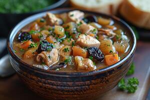 A bowl of cock-a-leekie soup, featuring chicken, leeks, and prunes, garnished with parsley. photo
