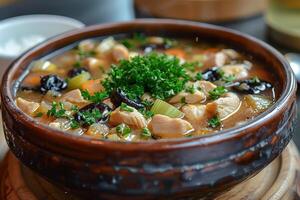 A bowl of cock-a-leekie soup, featuring chicken, leeks, and prunes, garnished with parsley. photo