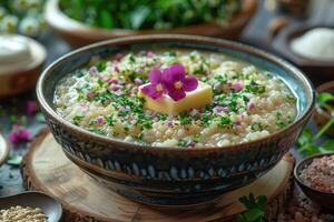 A bowl of kasha, a traditional buckwheat porridge, garnished with a pat of butter and a sprinkle of salt. photo