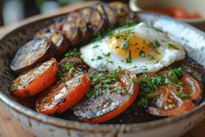 A bowl of black pudding, sliced and served with a poached egg and grilled tomatoes. photo