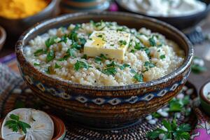 A bowl of kasha, a traditional buckwheat porridge, garnished with a pat of butter and a sprinkle of salt. photo
