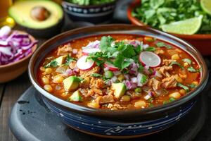 A bowl of pozole rojo, with tender pork, hominy, and a rich red chili broth, garnished with shredded cabbage, radishes, avocado slices, and lime wedges. photo