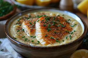 A bowl of Cullen skink, a Scottish smoked haddock soup, garnished with chopped chives. photo
