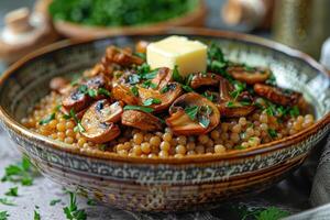 A bowl of buckwheat kasha with roasted mushrooms, garnished with fresh parsley and a pat of butter. photo