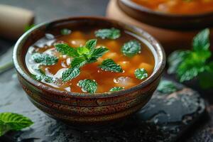 A bowl of kvass, a traditional Russian fermented beverage, served in a glass with a sprig of mint. photo