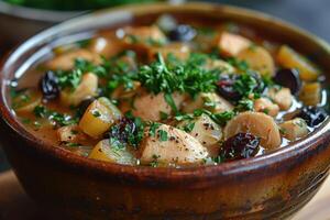 A bowl of cock-a-leekie soup, featuring chicken, leeks, and prunes, garnished with parsley. photo