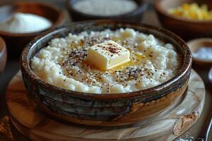 A bowl of kasha, a traditional buckwheat porridge, garnished with a pat of butter and a sprinkle of salt. photo