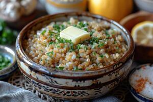 A bowl of kasha, a traditional buckwheat porridge, garnished with a pat of butter and a sprinkle of salt. photo