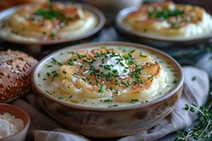 A bowl of creamy leek and potato soup, garnished with chives and a swirl of cream, served with a crusty bread roll. photo