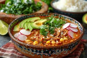 A bowl of pozole rojo, with tender pork, hominy, and a rich red chili broth, garnished with shredded cabbage, radishes, avocado slices, and lime wedges. photo