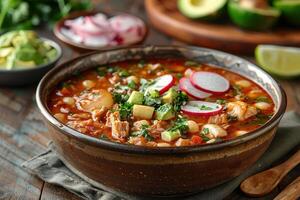 A bowl of pozole rojo, with tender pork, hominy, and a rich red chili broth, garnished with shredded cabbage, radishes, avocado slices, and lime wedges. photo