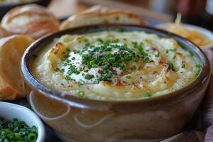 A bowl of creamy leek and potato soup, garnished with chives and a swirl of cream, served with a crusty bread roll. photo