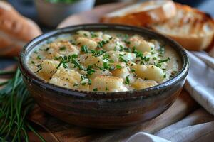 A bowl of Cullen skink, a Scottish smoked haddock soup, garnished with chopped chives. photo