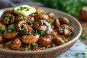 A bowl of buckwheat kasha with roasted mushrooms, garnished with fresh parsley and a pat of butter. photo