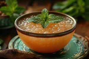 A bowl of kvass, a traditional Russian fermented beverage, served in a glass with a sprig of mint. photo