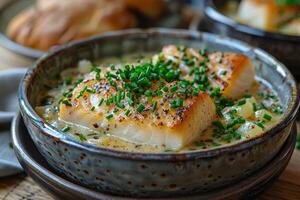 A bowl of Cullen skink, a Scottish smoked haddock soup, garnished with chopped chives. photo