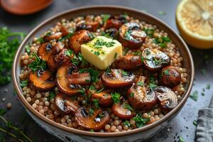 A bowl of buckwheat kasha with roasted mushrooms, garnished with fresh parsley and a pat of butter. photo