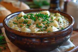 A bowl of Cullen skink, a Scottish smoked haddock soup, garnished with chopped chives. photo