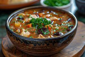 A bowl of cock-a-leekie soup, featuring chicken, leeks, and prunes, garnished with parsley. photo