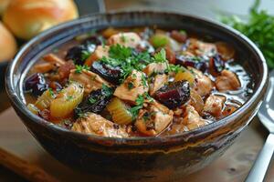 A bowl of cock-a-leekie soup, featuring chicken, leeks, and prunes, garnished with parsley. photo