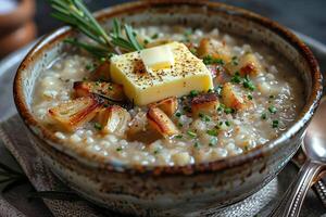 A bowl of kasha, a traditional buckwheat porridge, garnished with a pat of butter and a sprinkle of salt. photo