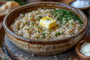 A bowl of kasha, a traditional buckwheat porridge, garnished with a pat of butter and a sprinkle of salt. photo