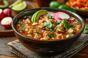 A bowl of pozole rojo, with tender pork, hominy, and a rich red chili broth, garnished with shredded cabbage, radishes, avocado slices, and lime wedges. photo