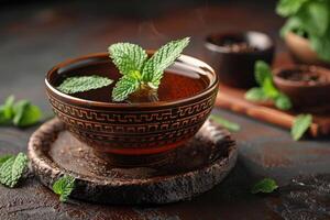 A bowl of kvass, a traditional Russian fermented beverage, served in a glass with a sprig of mint. photo