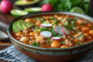 A bowl of pozole rojo, with tender pork, hominy, and a rich red chili broth, garnished with shredded cabbage, radishes, avocado slices, and lime wedges. photo