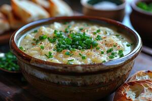 A bowl of Cullen skink, a Scottish smoked haddock soup, garnished with chopped chives. photo