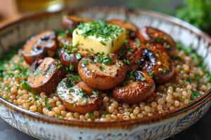 A bowl of buckwheat kasha with roasted mushrooms, garnished with fresh parsley and a pat of butter. photo