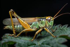 Close-Up of a Vibrant Green and Yellow Grasshopper photo