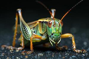 Vibrant Green Grasshopper on a Dark Background photo