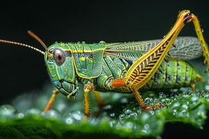 Vibrant Green Grasshopper on Dew-Covered Leaf photo